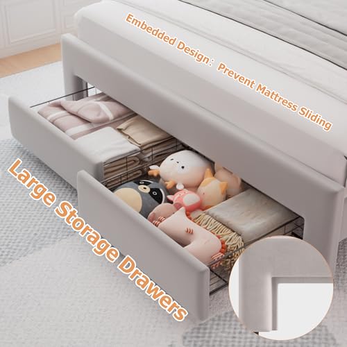 Twin Upholstered LED Bed Frame with Storage Drawer and Adjustable Chic Double Wavy Headboard, Velvet Princess Platform Bed for Kids/Girls, Solid Wood Slats Support, No Box Spring Needed, Beige - Image 20