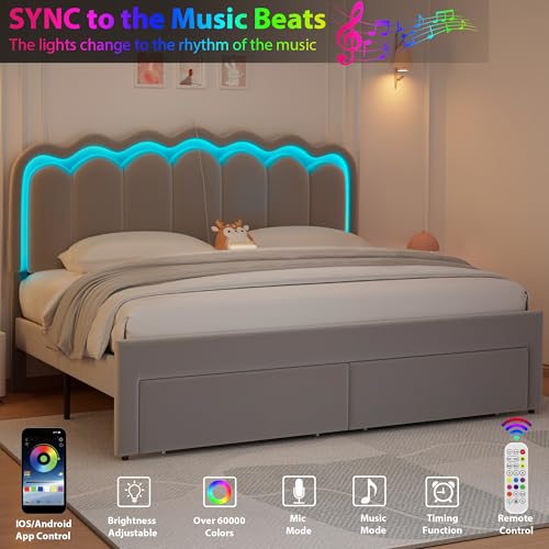 Twin Upholstered LED Bed Frame with Storage Drawer and Adjustable Chic Double Wavy Headboard, Velvet Princess Platform Bed for Kids/Girls, Solid Wood Slats Support, No Box Spring Needed, Beige - Image 58
