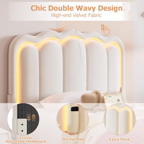 Twin Upholstered LED Bed Frame with Storage Drawer and Adjustable Chic Double Wavy Headboard, Velvet Princess Platform Bed for Kids/Girls, Solid Wood Slats Support, No Box Spring Needed, Beige - Image 74